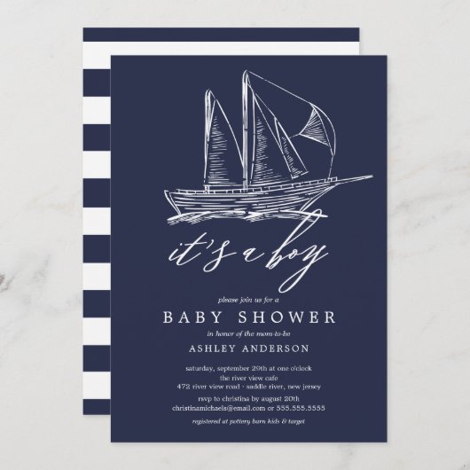 Modern Het is een Boy Sailboat Baby shower Kaart (Voorkant / Achterkant)