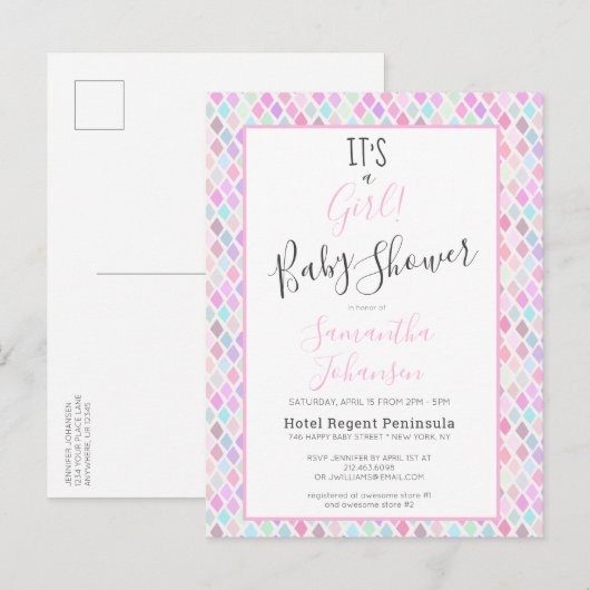 Modern Het is een Girl Geometric Pattern Baby show Uitnodiging Briefkaart (Voorkant / Achterkant)