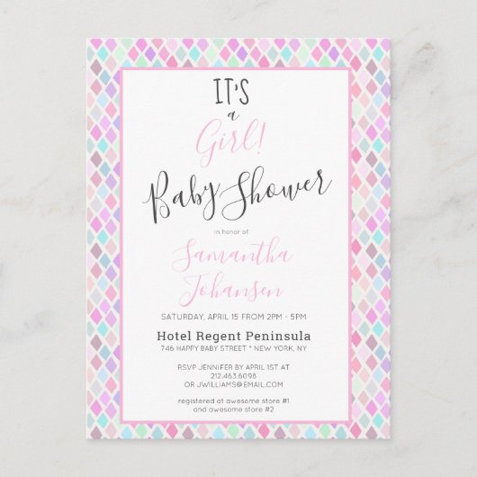 Modern Het is een Girl Geometric Pattern Baby show Uitnodiging Briefkaart (Voorkant)
