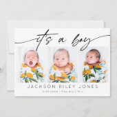 Modern Het is een Jongen Baby Pasgeboren 3 Fotocol Aankondiging (Voorkant)