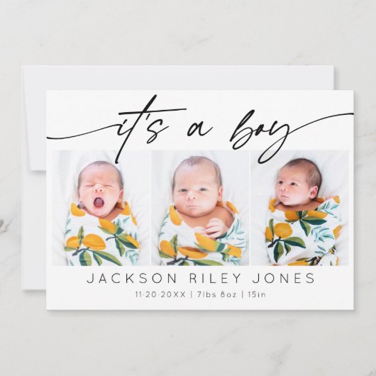 Modern Het is een Jongen Baby Pasgeboren 3 Fotocol Aankondiging (Voorkant)