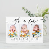 Modern Het is een Jongen Baby Pasgeboren 3 Fotocol Aankondiging (Staand voorkant)