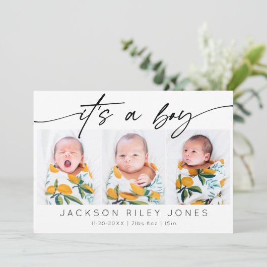 Modern Het is een Jongen Baby Pasgeboren 3 Fotocol Aankondiging (Staand voorkant)