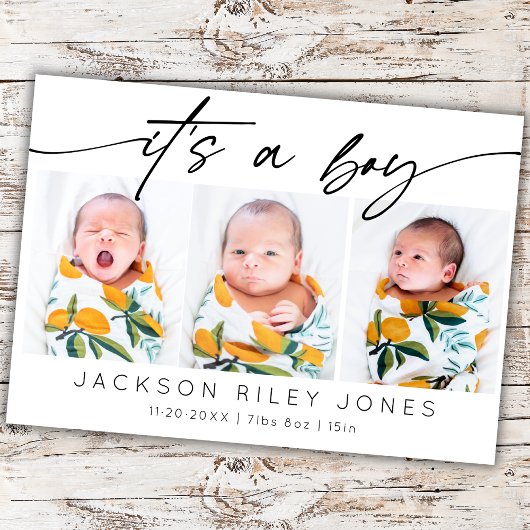 Modern Het is een Jongen Baby Pasgeboren 3 Fotocol Kaart