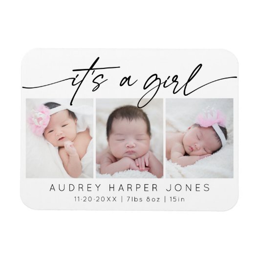 Modern Het is een Meisje Baby Pasgeboren 3 Fotocol Magneet (Horizontaal)