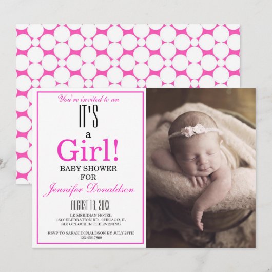 Modern Het is een meisje. Roze foto-Baby shower Kaart (Voorkant / Achterkant)