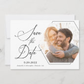 Modern Hexagon Photo Black and White Script Save The Date (Voorkant)