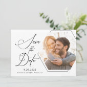 Modern Hexagon Photo Black and White Script Save The Date (Staand voorkant)