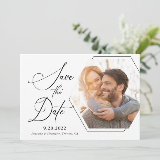 Modern Hexagon Photo Black and White Script Save The Date (Staand voorkant)