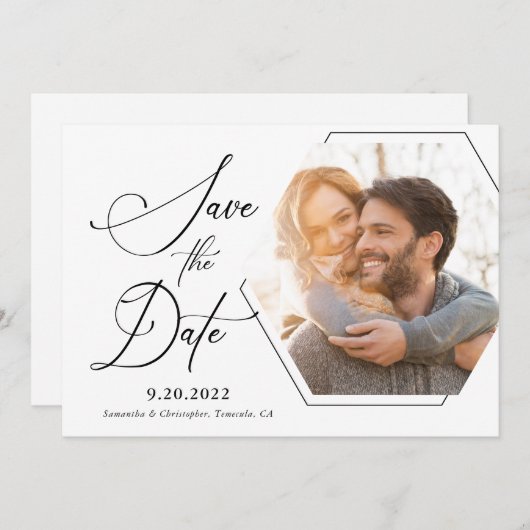 Modern Hexagon Photo Black and White Script Save The Date (Voorkant / Achterkant)