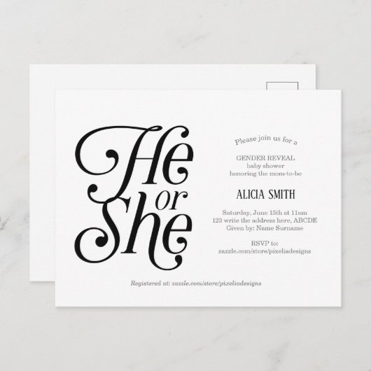 Modern, hij of zij, neutraal, genderonthulling uitnodiging briefkaart (Voorkant / Achterkant)