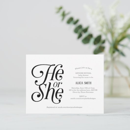 Modern, hij of zij, neutraal, genderonthulling uitnodiging briefkaart (Staand voorkant)