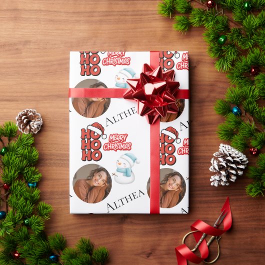 Modern Ho Ho Ho One foto Naam Vrolijk Kerstfeest Cadeaupapier (Feestdagen Geschenken)