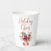 Modern Holiday Cheer Script Red Bow Holly Papieren Bekers (Achterkant)