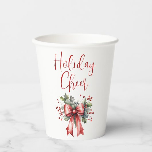 Modern Holiday Cheer Script Red Bow Holly Papieren Bekers (Voorkant)
