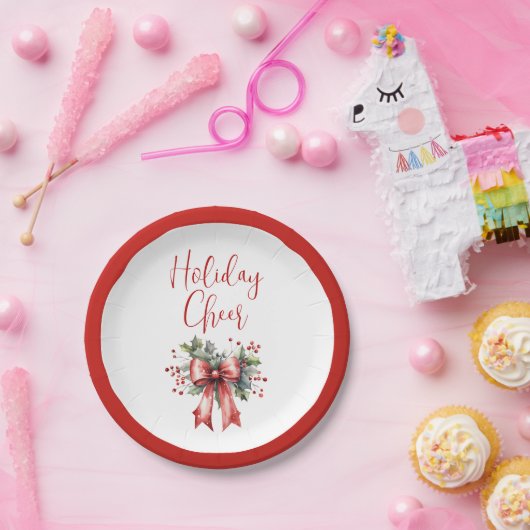 Modern Holiday Cheer Script Red Bow Holly Papieren Bordje (Feest)