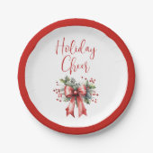 Modern Holiday Cheer Script Red Bow Holly Papieren Bordje (Voorkant)