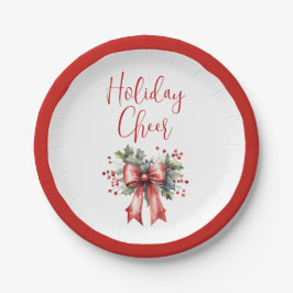 Modern Holiday Cheer Script Red Bow Holly Papieren Bordje