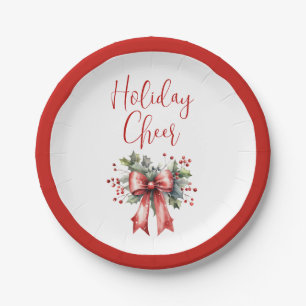 Modern Holiday Cheer Script Red Bow Holly Papieren Bordje