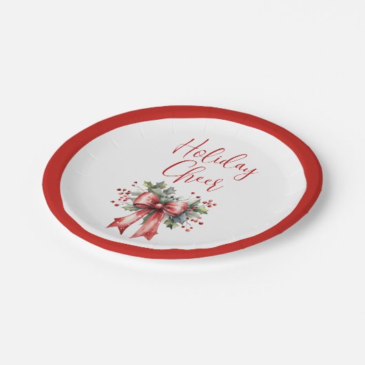Modern Holiday Cheer Script Red Bow Holly Papieren Bordje (Gekanteld)