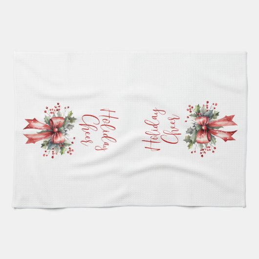 Modern Holiday Cheer Script Red Bow Theedoek (Horizontaal)