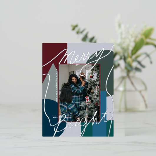Modern Holiday Merry Bright Blues Foto Geo Folie Feestdagen Briefkaart (Staand Voorkant)