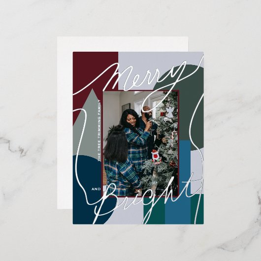 Modern Holiday Merry Bright Blues Foto Geo Folie Feestdagen Briefkaart (Voorkant / Achterkant)