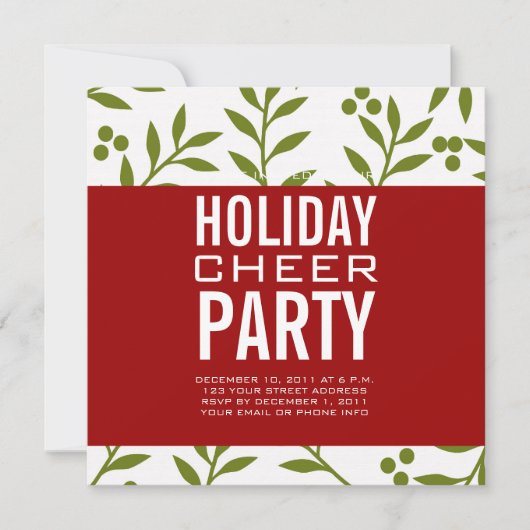 Modern Holiday Party Invitation Green Red Berries Kaart (Voorkant)