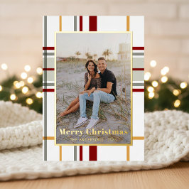Modern Holiday Plaid Portrait Photo Card Folie Feestdagenkaart