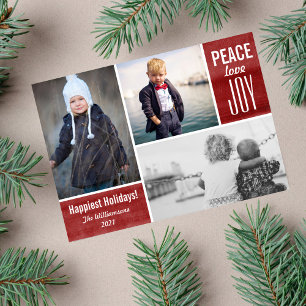 Modern Holiday Red Peace Love Joy Photo Collage Feestdagenkaart