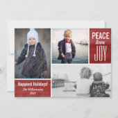 Modern Holiday Red Peace Love Joy Photo Collage Feestdagenkaart (Voorkant)