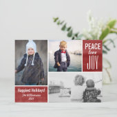 Modern Holiday Red Peace Love Joy Photo Collage Feestdagenkaart (Staand voorkant)