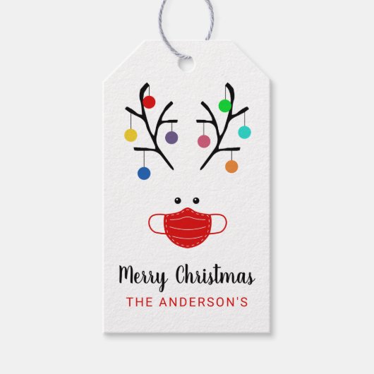 Modern Holiday Whimsical Mask Reindeer Kerstmis Cadeaulabel (Voorkant)