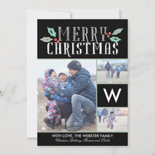 Modern Hollies Monogram 3 Foto Kerstmis Feestdagenkaart (Voorkant)