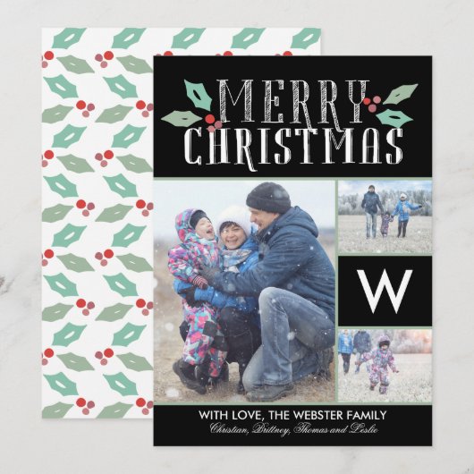 Modern Hollies Monogram 3 Foto Kerstmis Feestdagenkaart (Voorkant / Achterkant)
