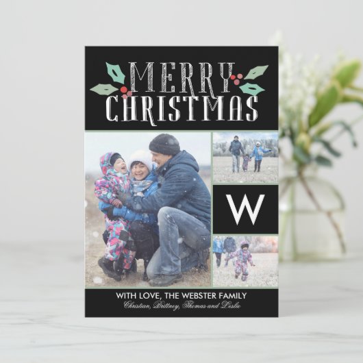 Modern Hollies Monogram 3 Foto Kerstmis Feestdagenkaart (Staand voorkant)