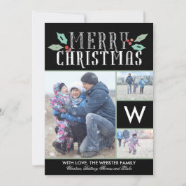 Modern Hollies Monogram 3 Foto Kerstmis Feestdagenkaart