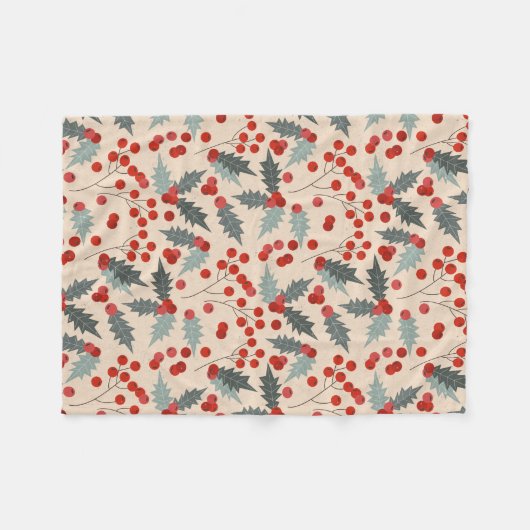 Modern Holly Berry Christmas Botanical Pattern Fleece Deken (Voorkant (Horizontaal))