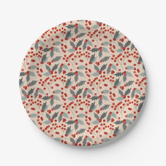 Modern Holly Berry Christmas Botanical Pattern Papieren Bordje (Voorkant)