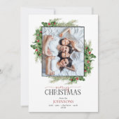 Modern Holly Berry Greenery Merry kerstfoto Feestdagenkaart (Voorkant)