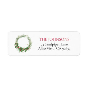 Modern Holly Berry Greenery Wreath Return Address Etiket