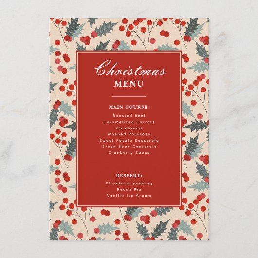 Modern Holly Berry Kerstparty Menu (Voorkant)