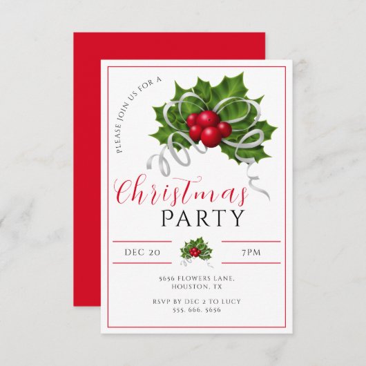 Modern Holly, bessen & lint kerstfeest Kaart (Voorkant / Achterkant)