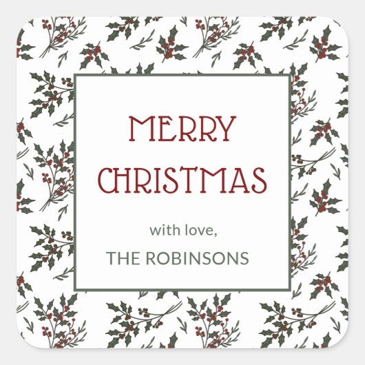 Modern Holly Christmas Botanische bessen patroon Vierkante Sticker (Voorkant)