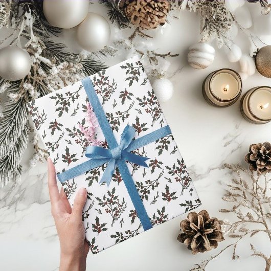 Modern Holly Christmas Plant bessen Winter White Cadeaupapier