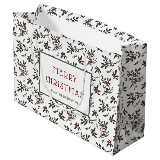 Modern Holly Christmas Plant Pattern White Groot Cadeauzakje (Achterkant Gekanteld)