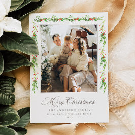 Modern Holly Garland Merry Christmas Photo Card Kaart