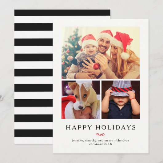 Modern Holly | Kerstfotoraster drie Feestdagenkaart (Voorkant / Achterkant)