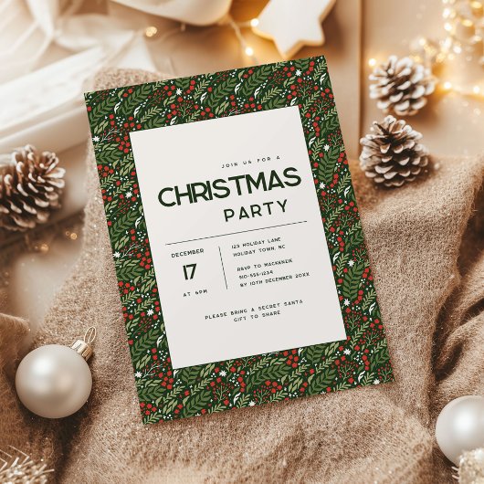 Modern Holly Leaf Christmas Party Invitation Kaart