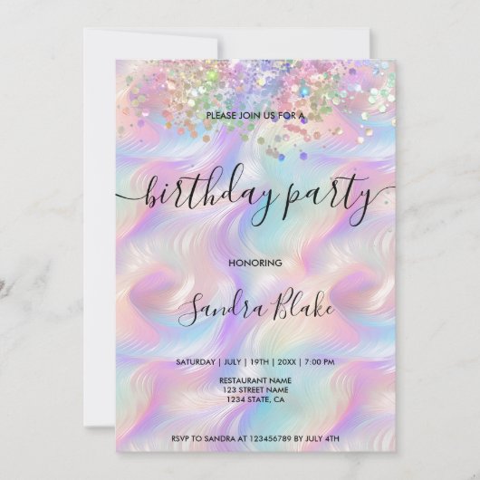 Modern Holografen Girly Trendy Birthday Invitation Kaart (Voorkant)